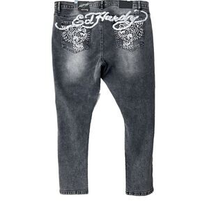 Ed Hardy Jeans Men Black Embroidered Tiger Head Y2K Streetwear Slim Taper 42